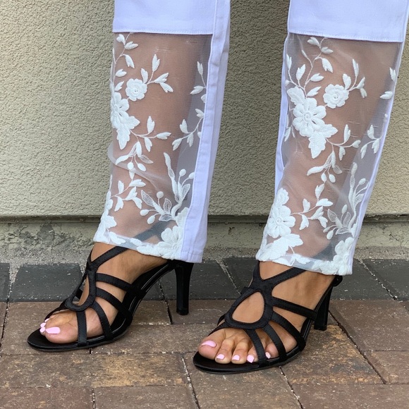 Satin Black Strappy Kitten Heel Dress Sandals - Picture 3 of 5